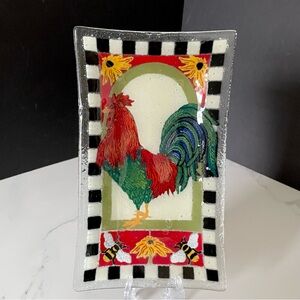 Rooster with Bees Rectangular Plate by Peggy Karr